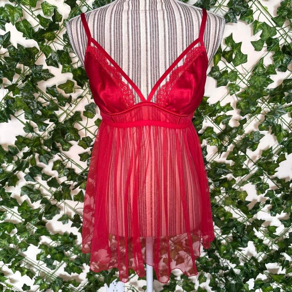 Victorias secret red lace mesh babydoll lingerie slip dress